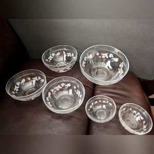 Vintage Imperial? RARE! clear glass foil‎ transfer fruit stacking 6 prep bowls